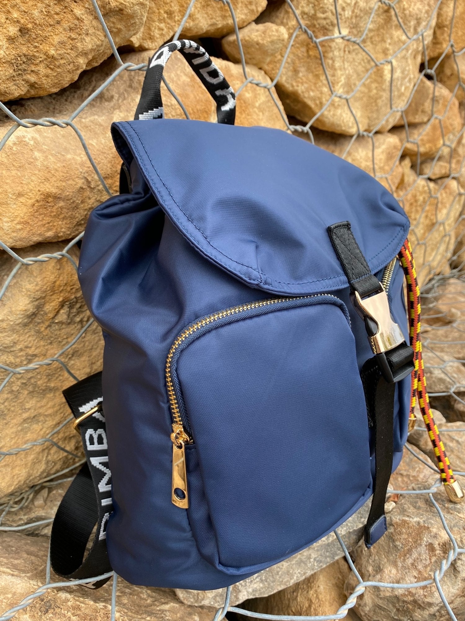 Belted Blue Backpack With Gold Hardware