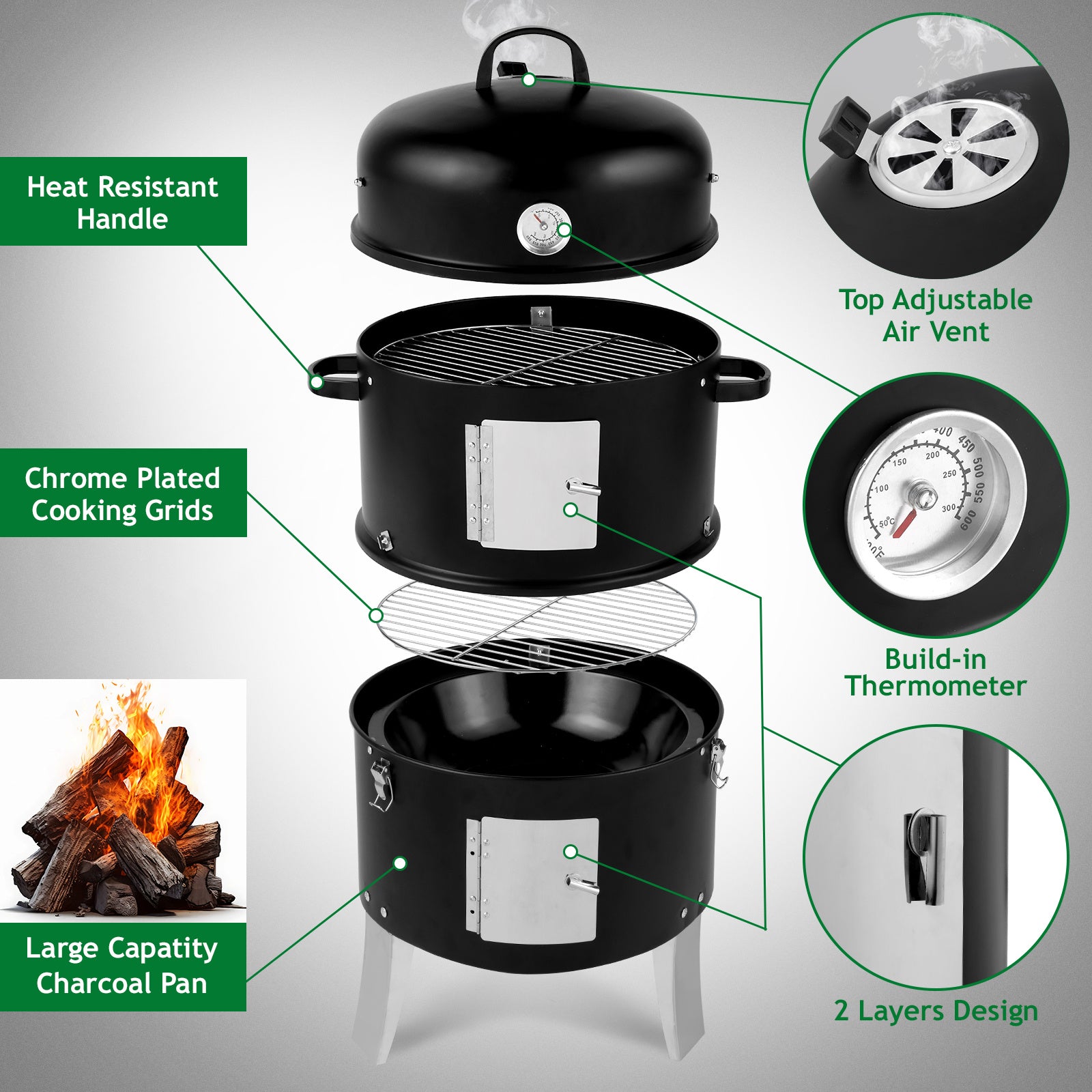 Vertical Charcoal Smoker Double Walled