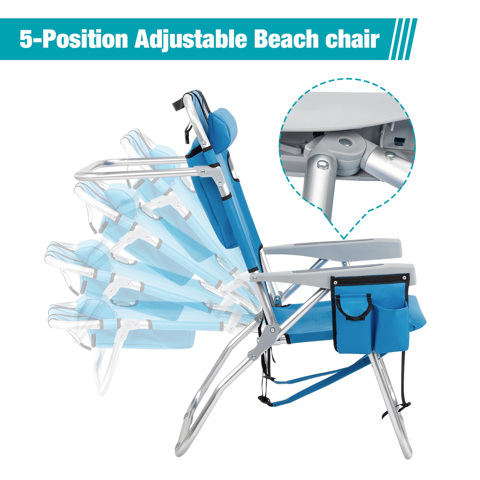 Lightweight Aluminum Beach Chair 5 Adjustable Positions