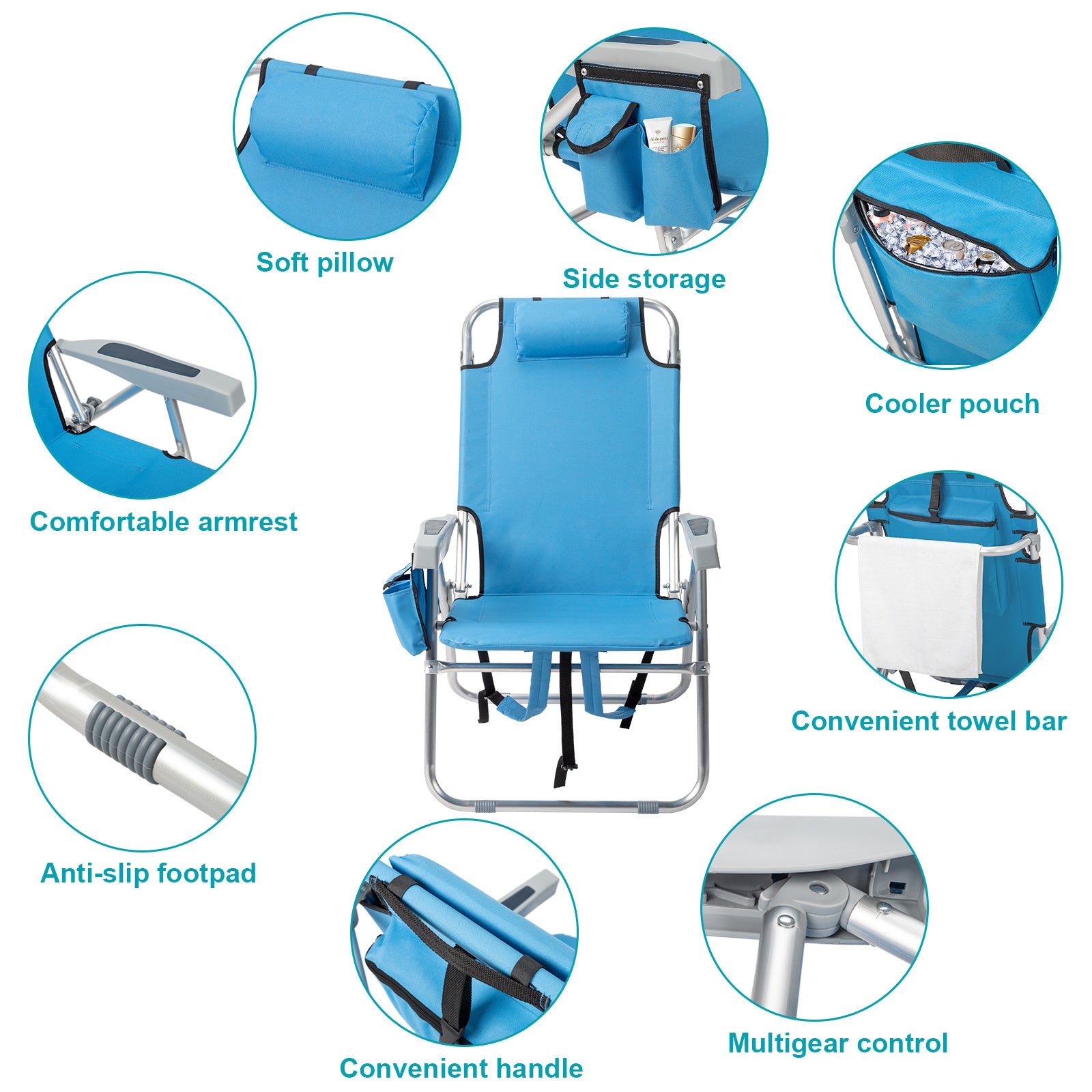 Lightweight Aluminum Beach Chair 5 Adjustable Positions
