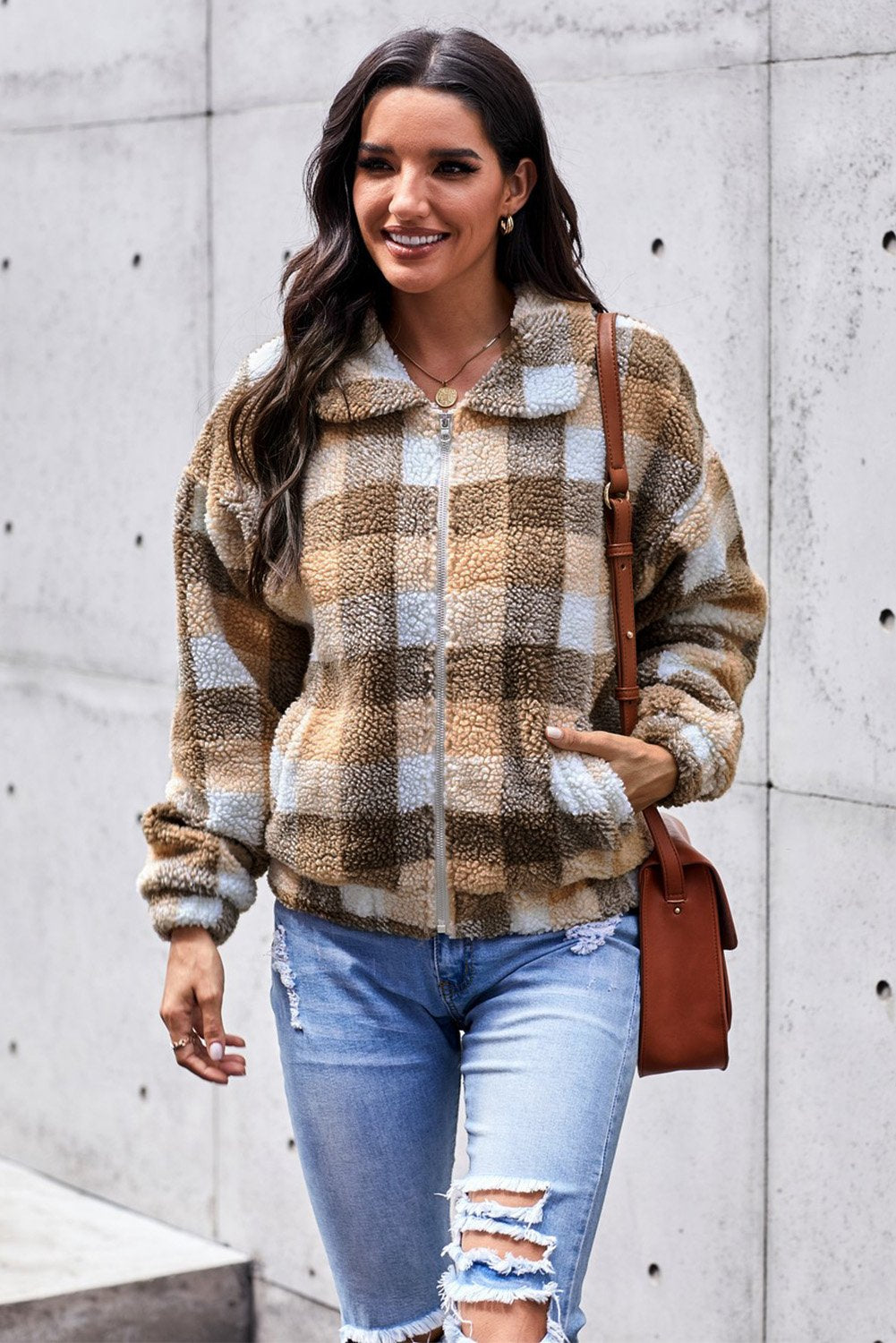 Luxurious Sherpa Jacket Plaid Leopard Print