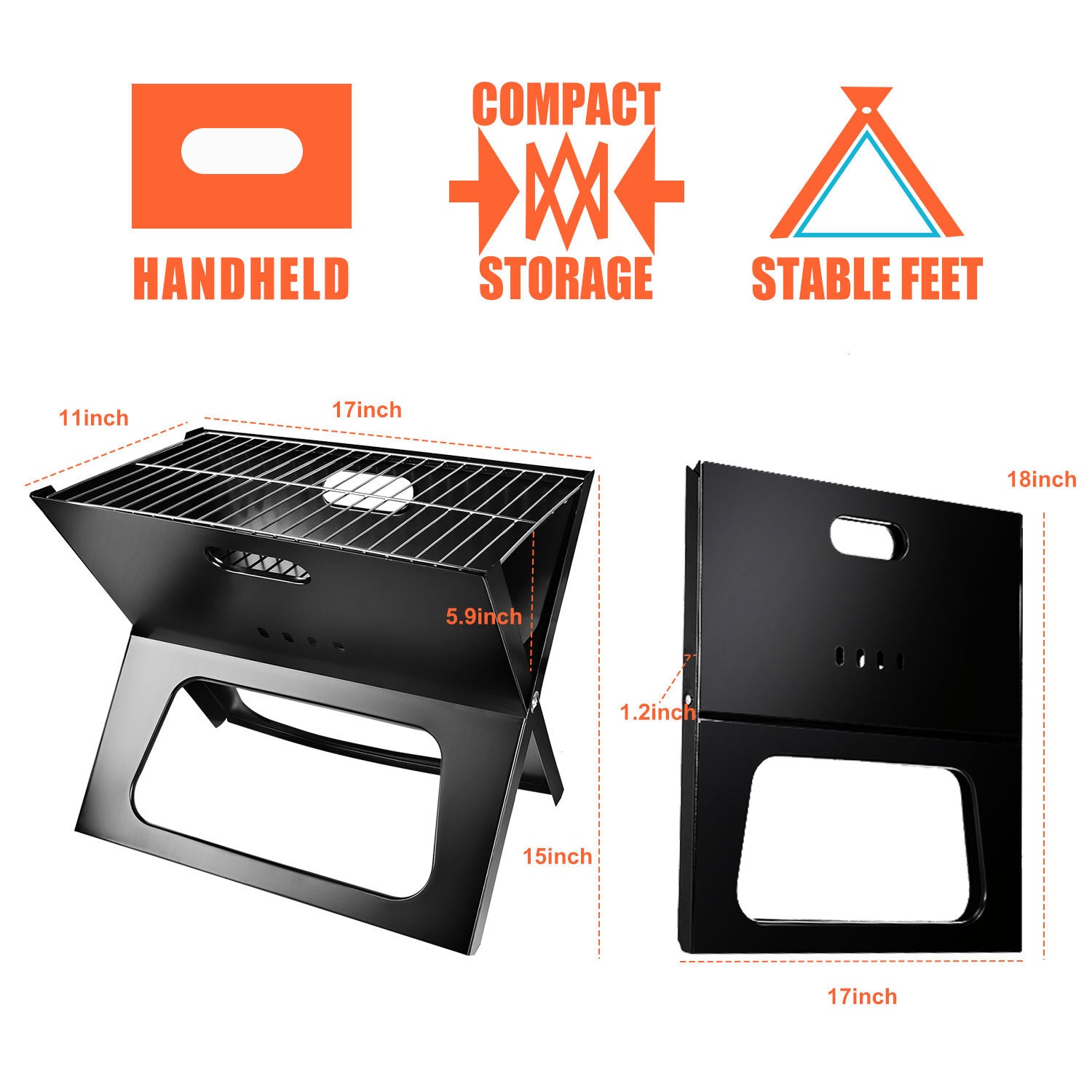Foldable Portable Charcoal Grill 17in Grill Anywhere