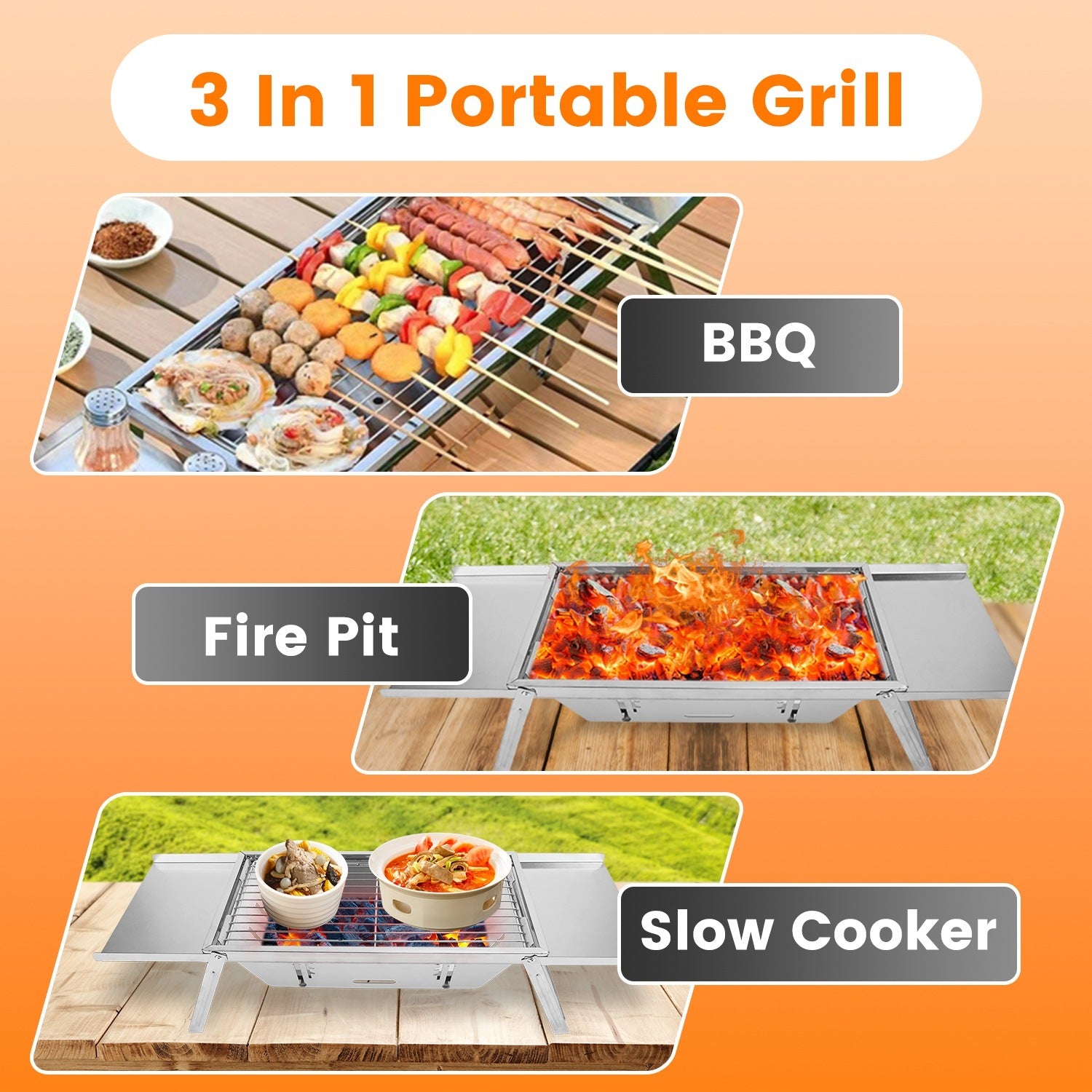 3 In 1 Foldable Charcoal Grill Fire Pit Portable Outdoor