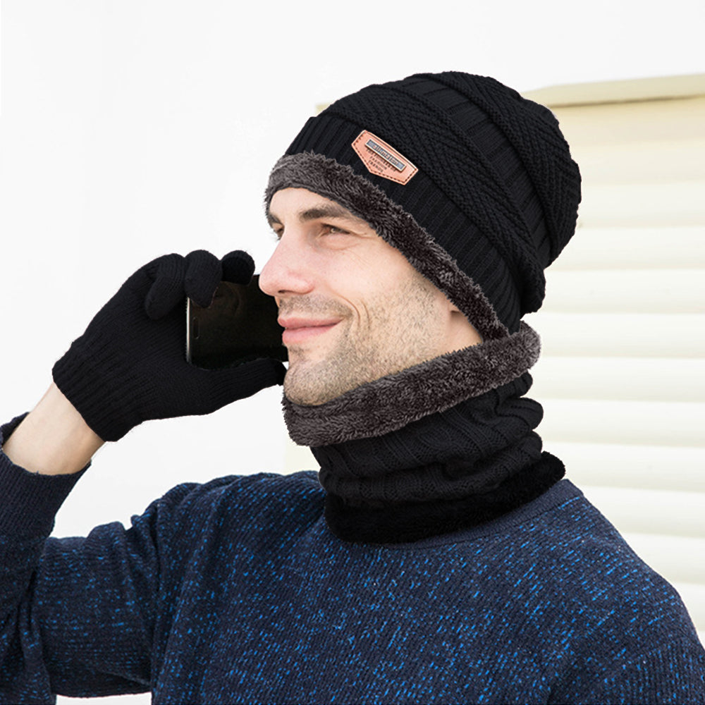 Men's Knit Scarf, Hat, Gloves Set - Touchscreen Friendly