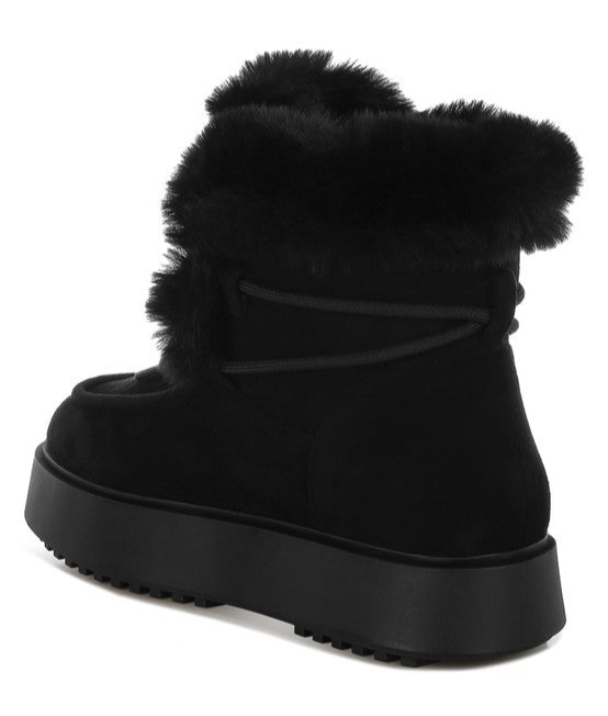 Faux Fur Collar Flatform Boots With Wrap Lace