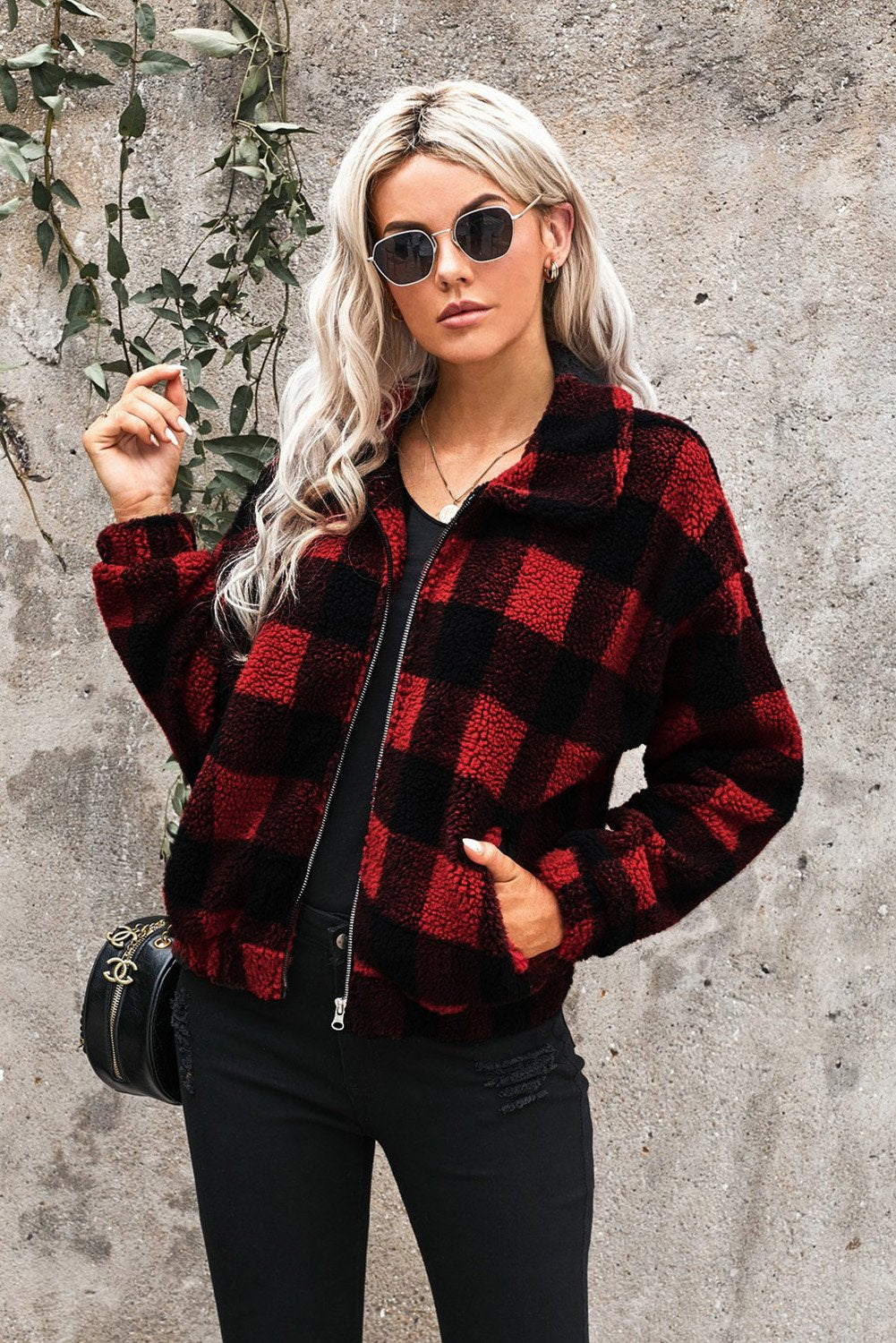 Luxurious Sherpa Jacket Plaid Leopard Print