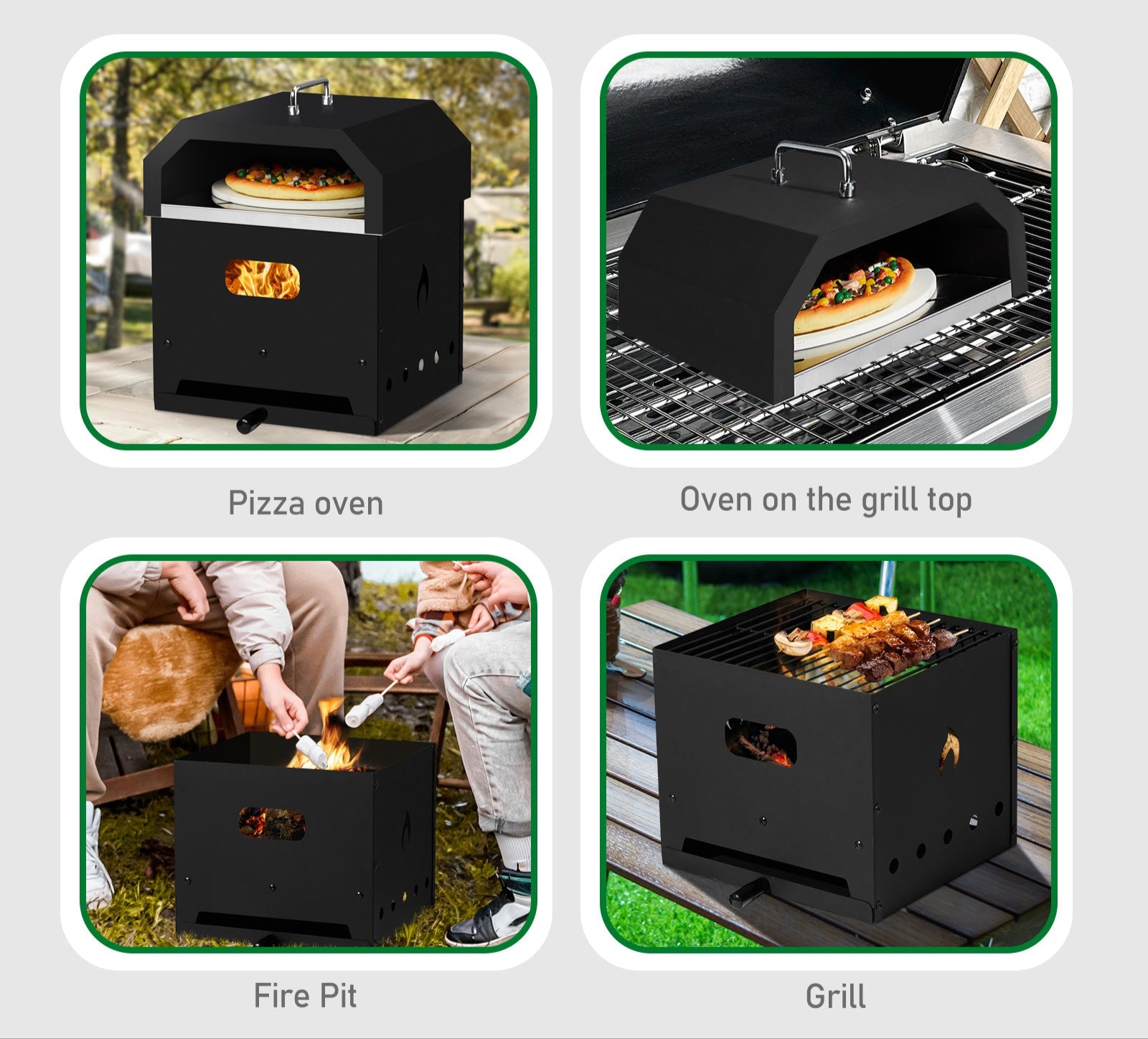 Multifunctional outdoor cooking device with pizza oven, grill, and fire pit features.
