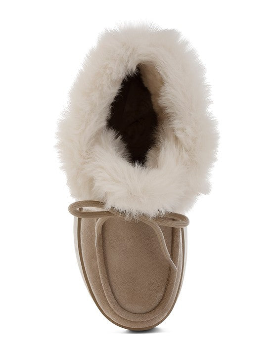 Faux Fur Collar Flatform Boots With Wrap Lace