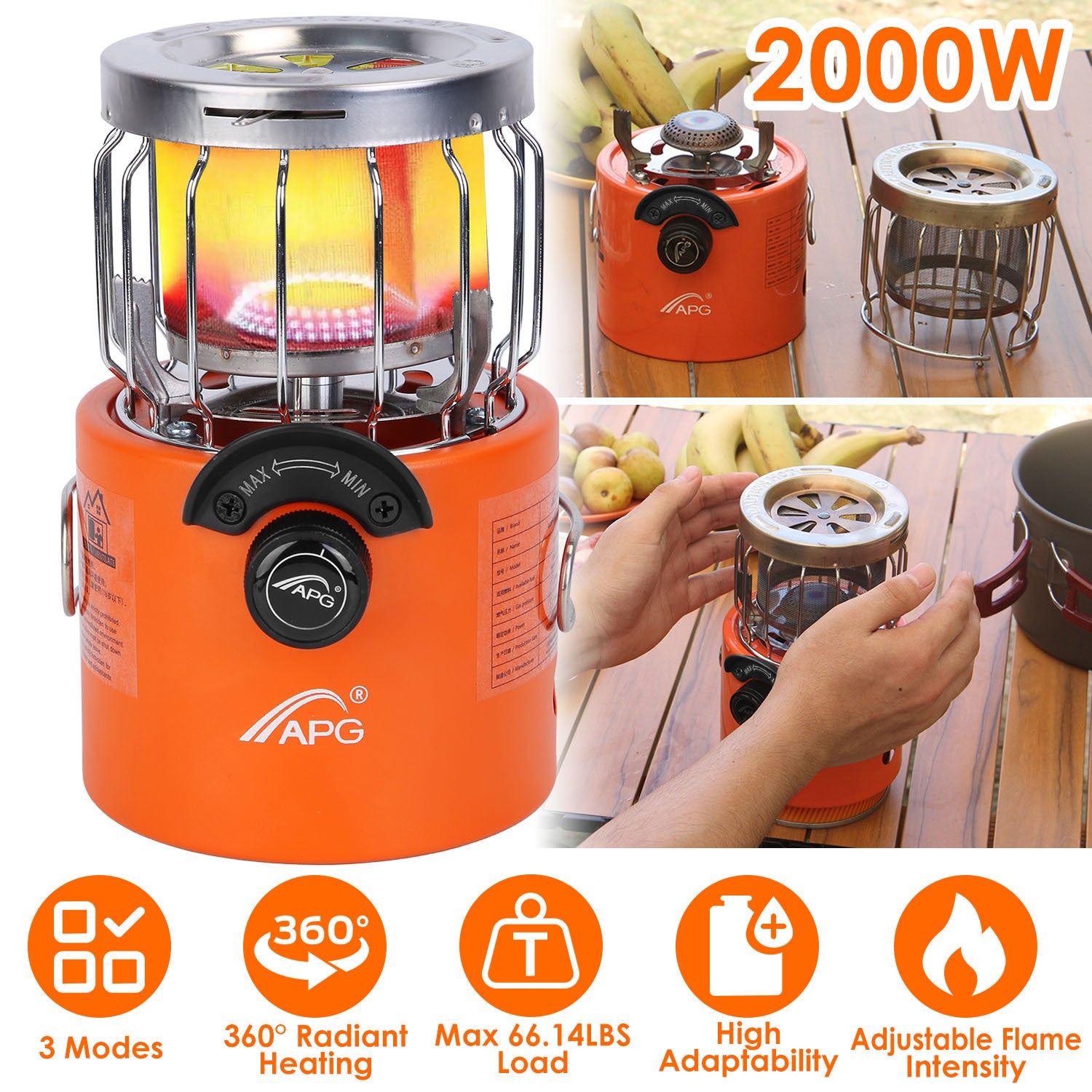 APG 2 In 1 Camping Stove Heater 2000W Orange 360 Degree