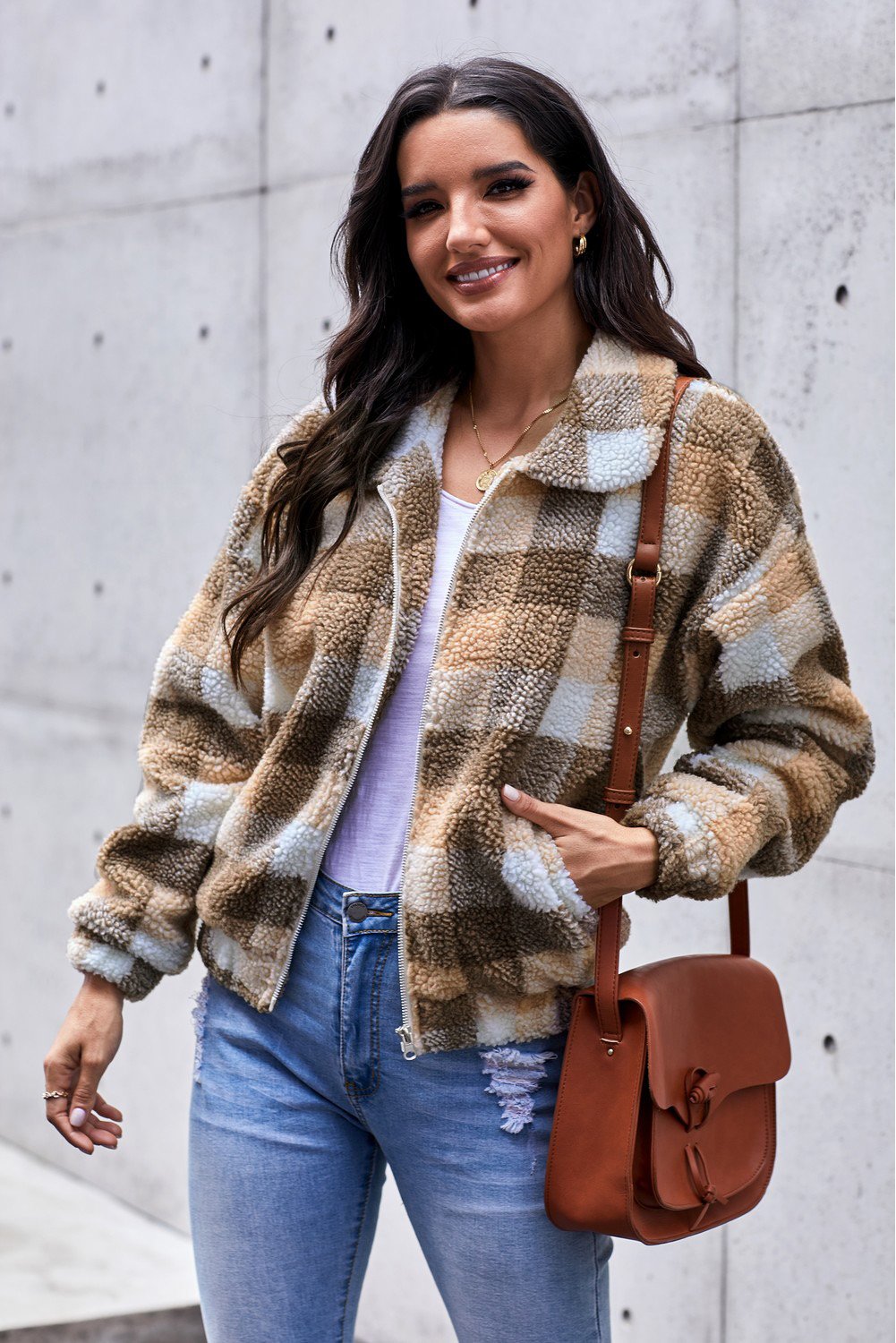 Luxurious Sherpa Jacket Plaid Leopard Print