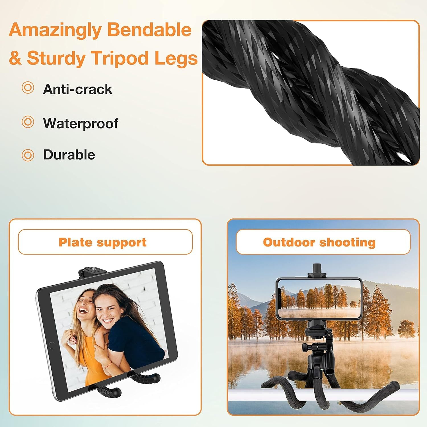 Phone or Camera Tripod With Flexible Rubber Legs