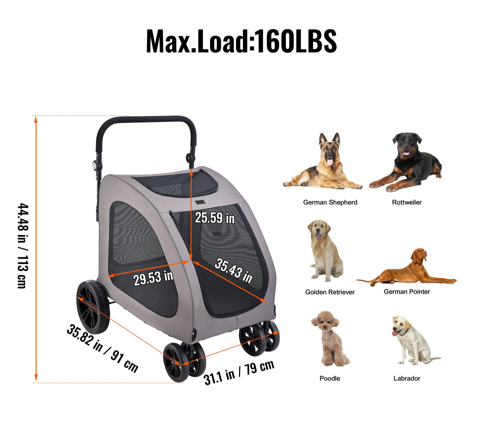 Pet Stroller Four Wheel Alloy Frame 160lbs Portable