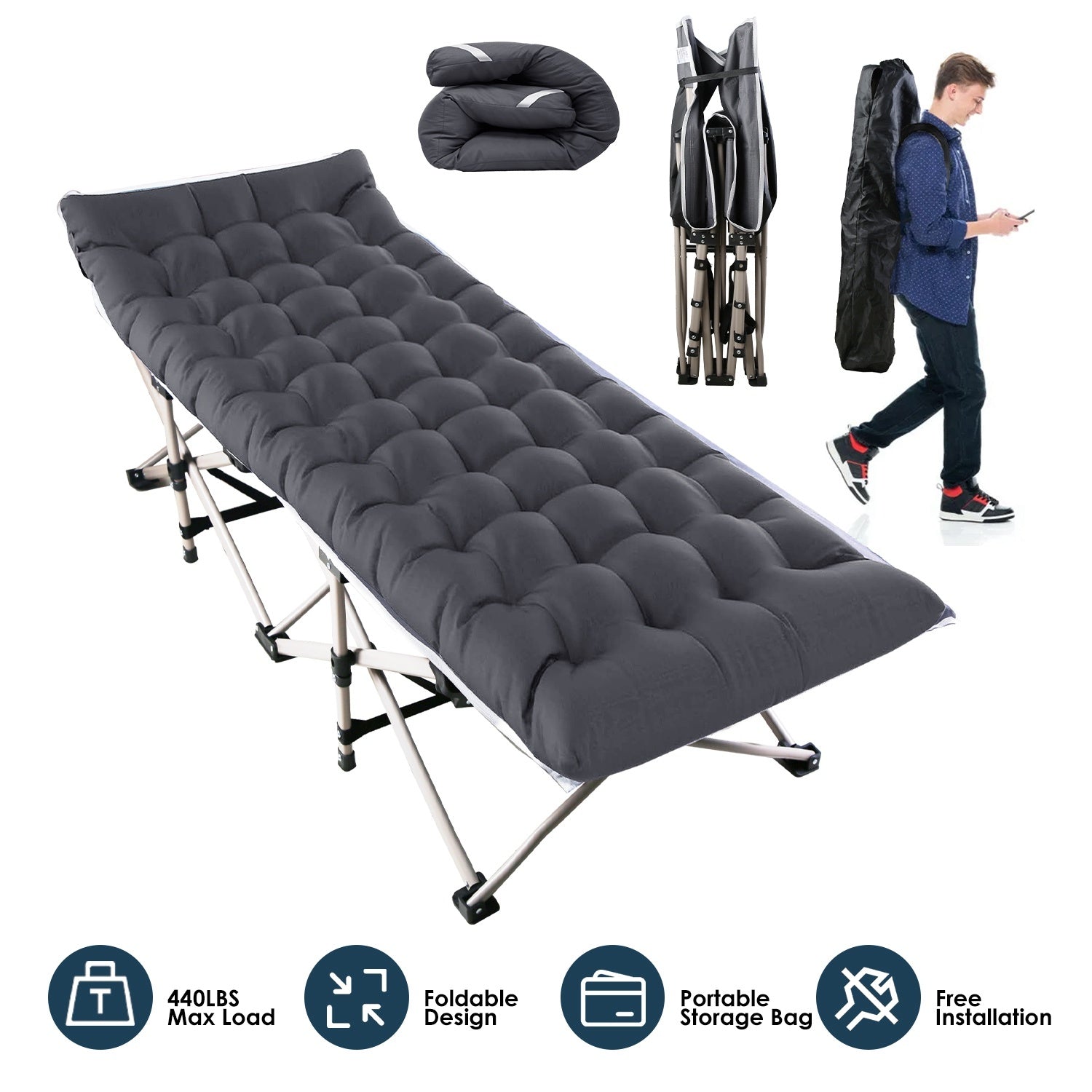 Folding Camping Cot With 440 Lbs Load