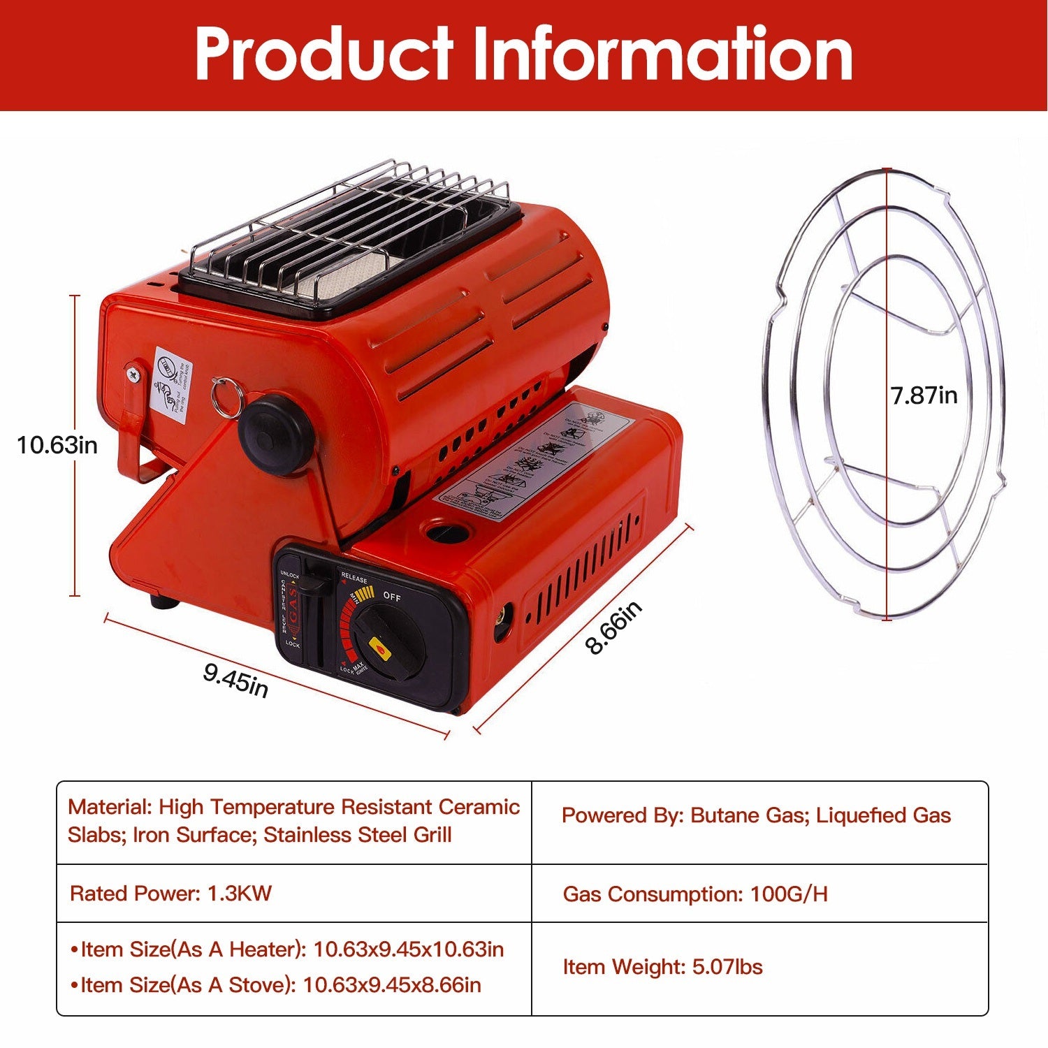 Red 2 In 1 Portable Butane Heater And Stove For Camping