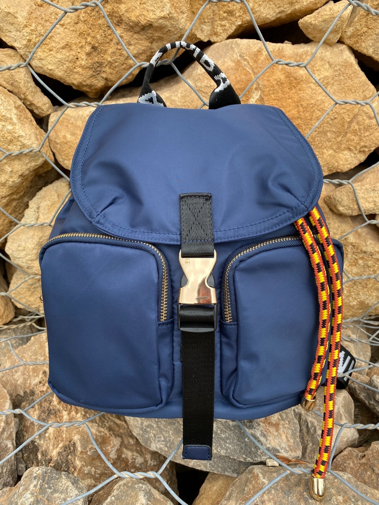 Belted Blue Backpack With Gold Hardware