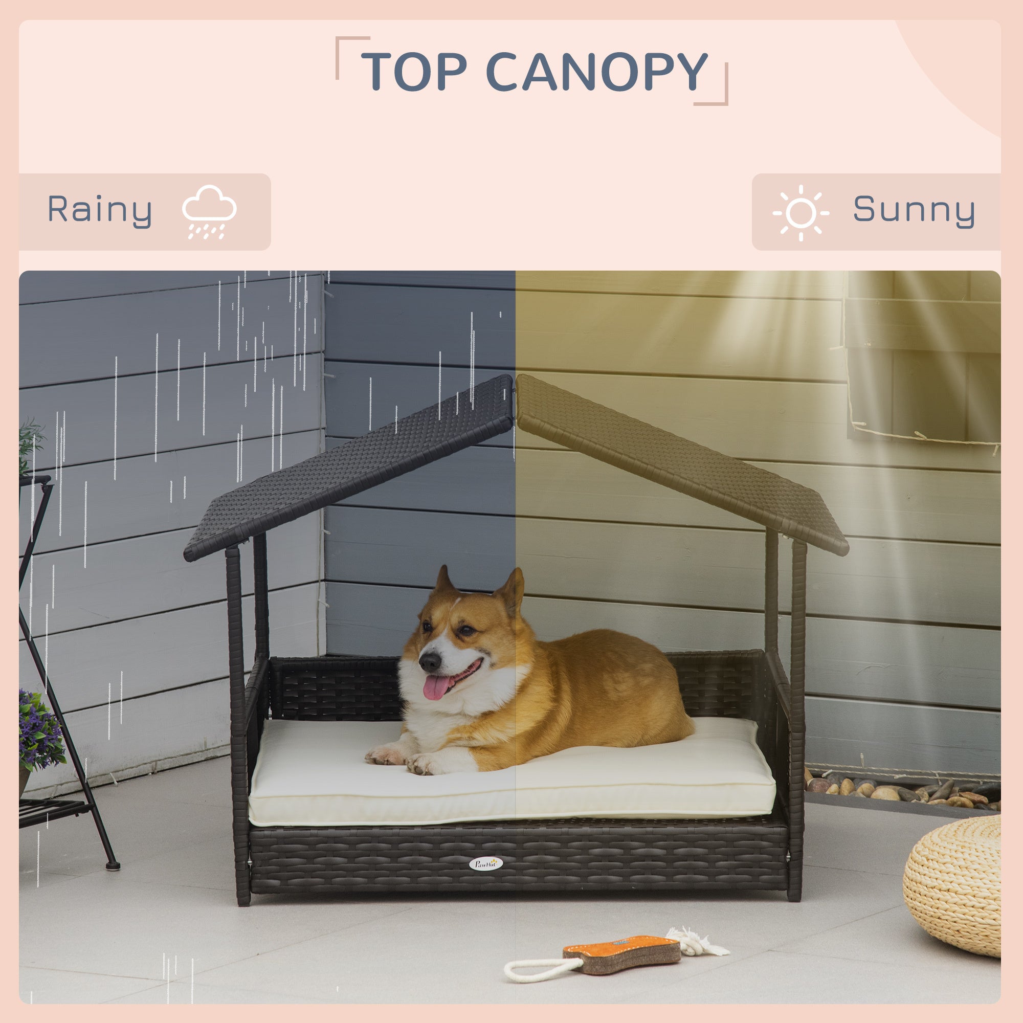 Outdoor Elevated Wicker Dog Bed Rattan Canopy