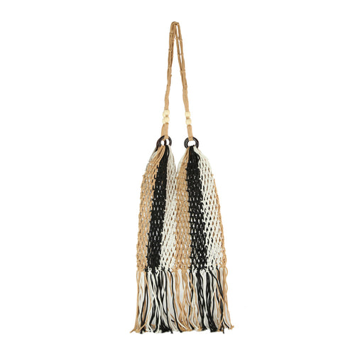Net Shoulder Bag Beaded Bamboo Handles