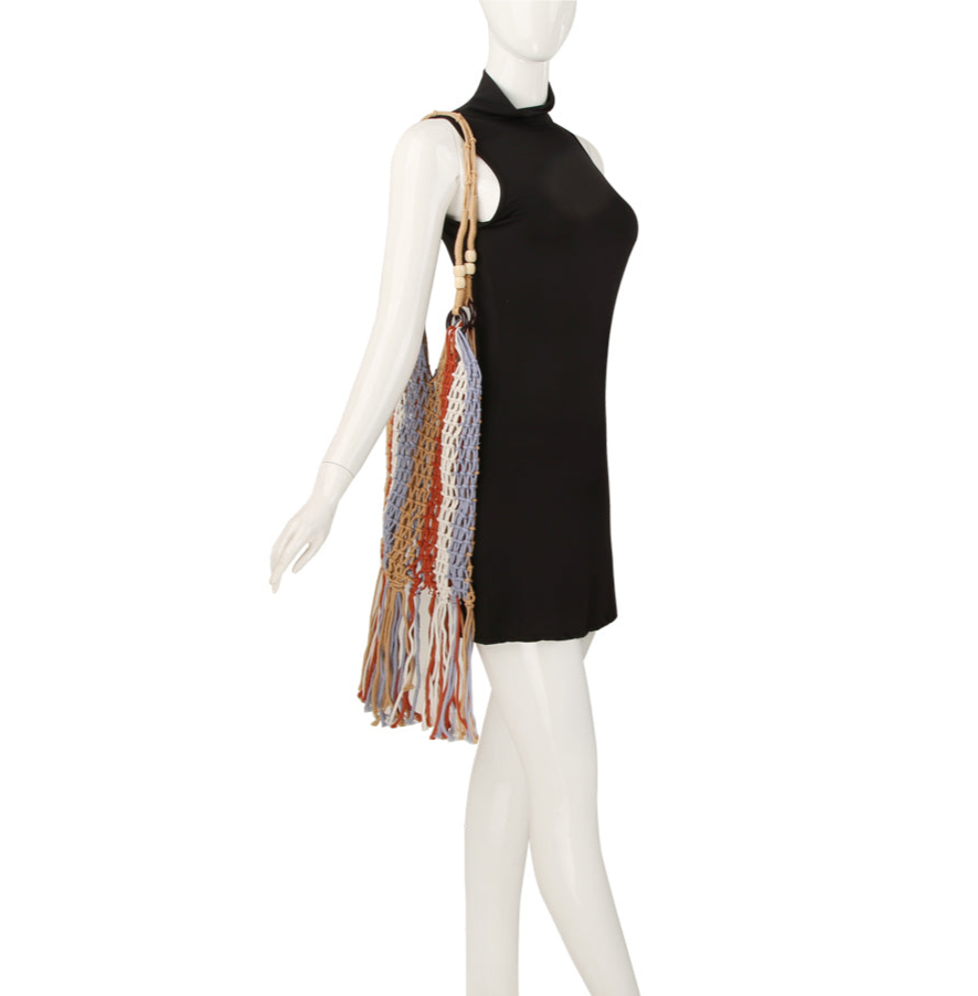 Net Shoulder Bag Beaded Bamboo Handles
