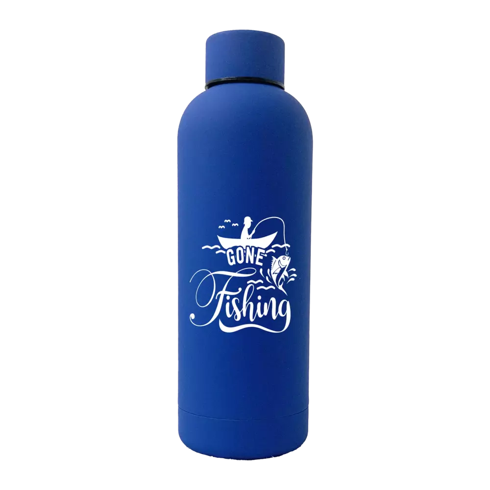 Gone Fishing Rubberized Water Bottle 17oz Blue Leakproof