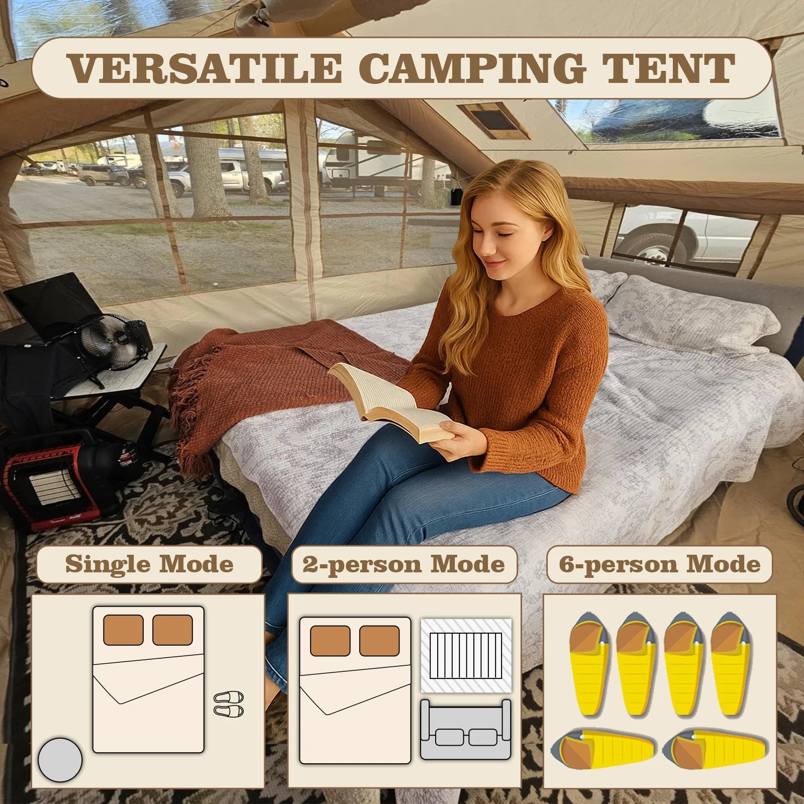 5-8 Person 4-Season Inflatable Camping Tent with AC Vent – Waterproof, Oxford Fabric