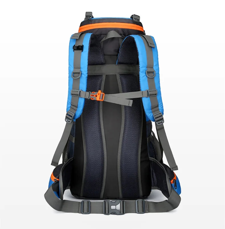 Blue 70L Nylon Hiking Backpack With Built In Rain Cover
