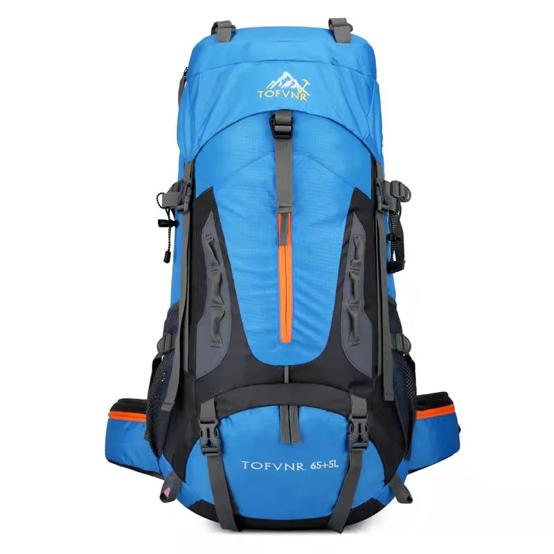 Blue 70L Nylon Hiking Backpack With Built In Rain Cover