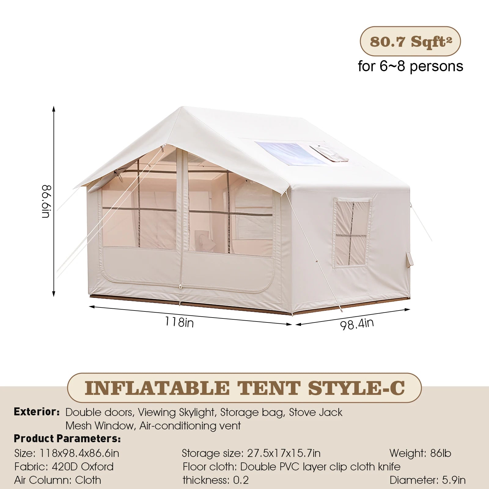 5-8 Person 4-Season Inflatable Camping Tent with AC Vent – Waterproof, Oxford Fabric