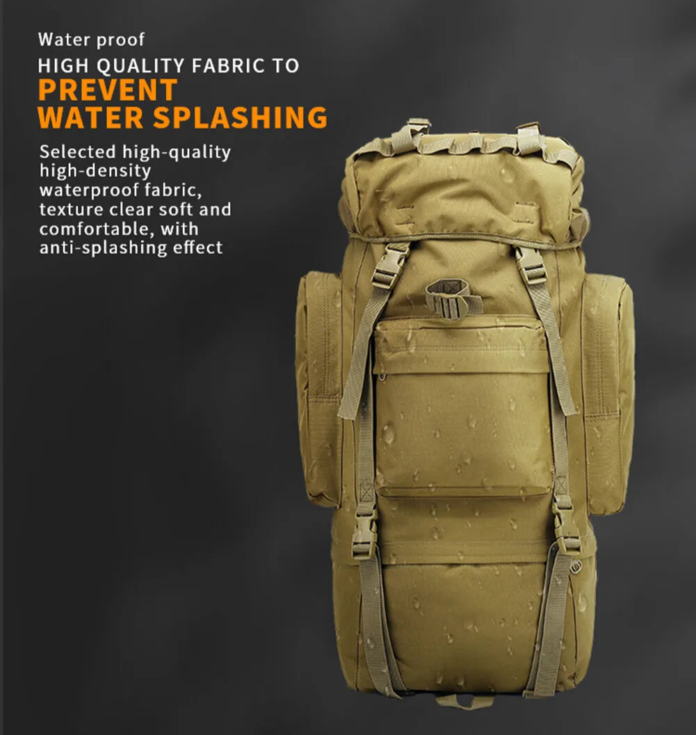 65L MOLLE Backpack With Internal Frame Black For Outdoors