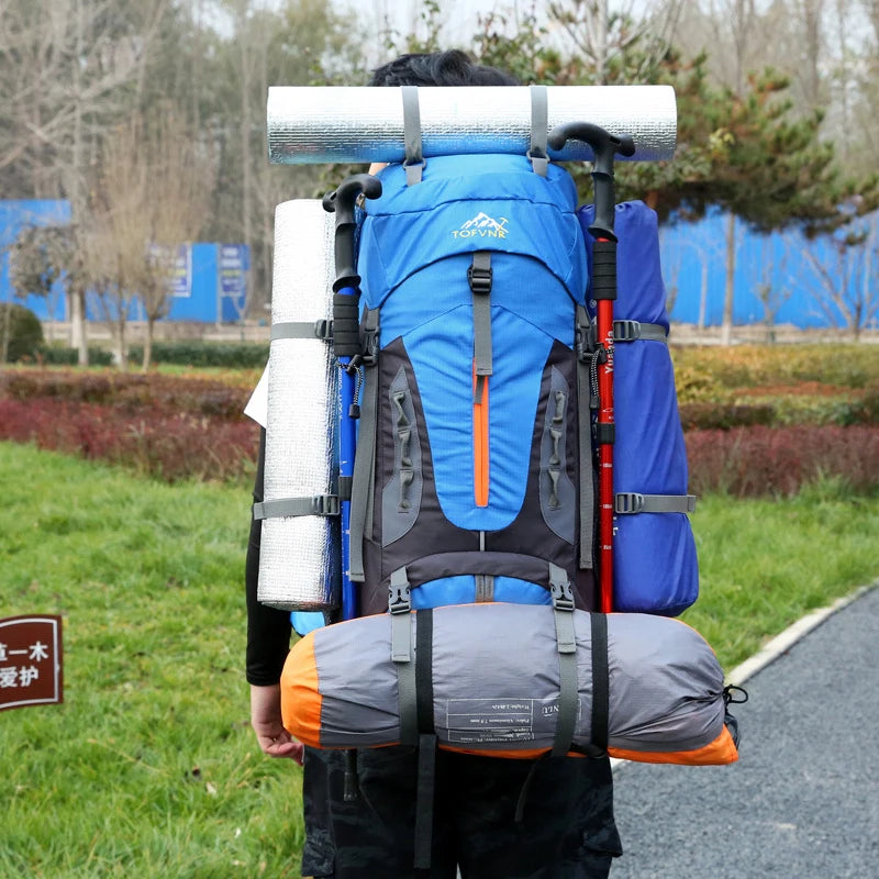 Blue 70L Nylon Hiking Backpack With Built In Rain Cover