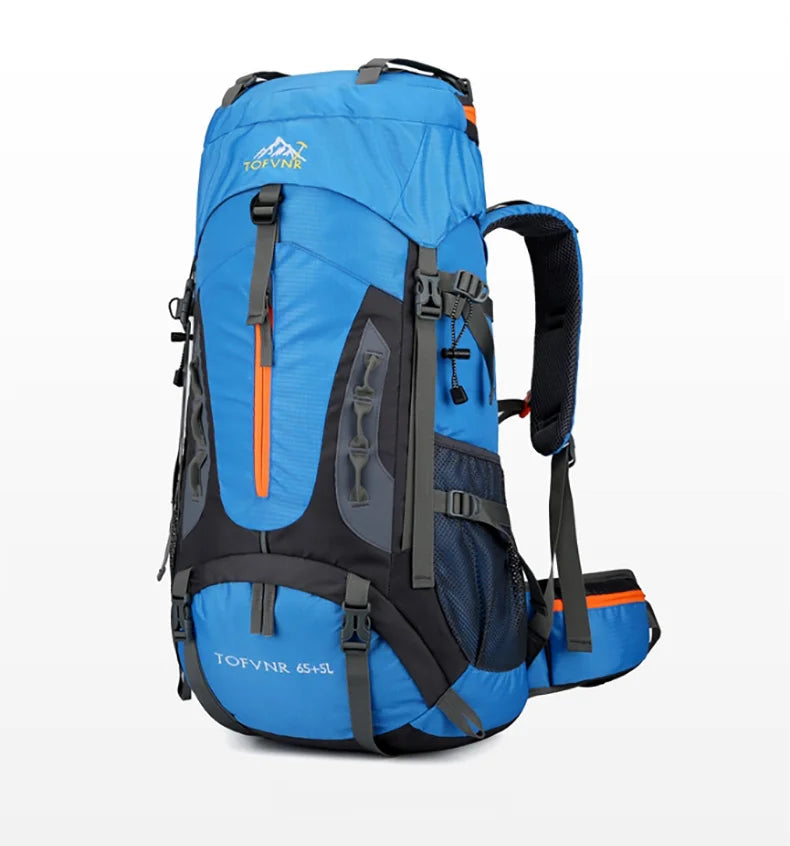 Blue 70L Nylon Hiking Backpack With Built In Rain Cover