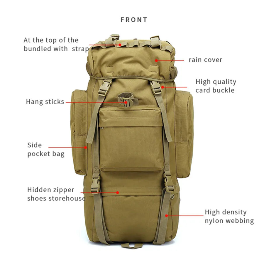 65L MOLLE Backpack With Internal Frame Black For Outdoors