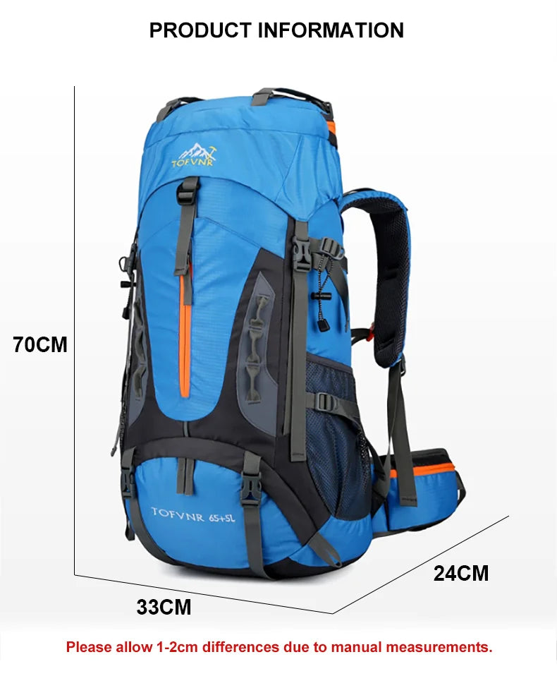 Blue 70L Nylon Hiking Backpack With Built In Rain Cover