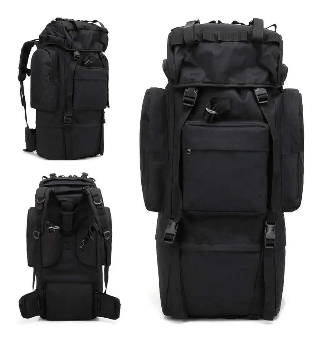 65L MOLLE Backpack With Internal Frame Black For Outdoors
