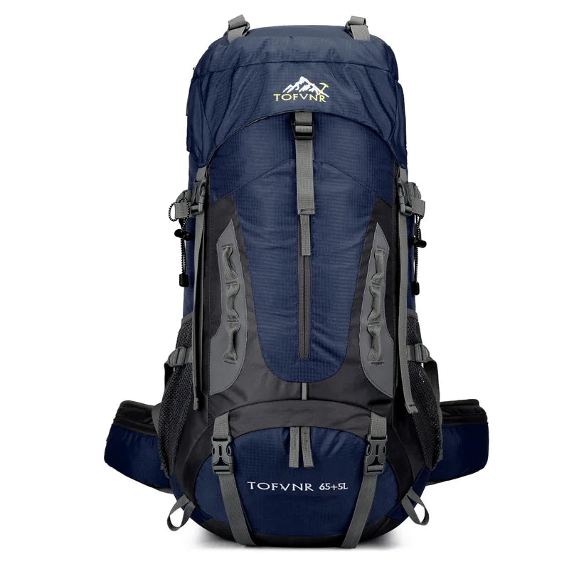 Blue 70L Nylon Hiking Backpack With Built In Rain Cover