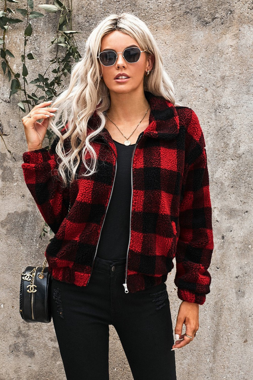 Luxurious Sherpa Jacket Plaid Leopard Print