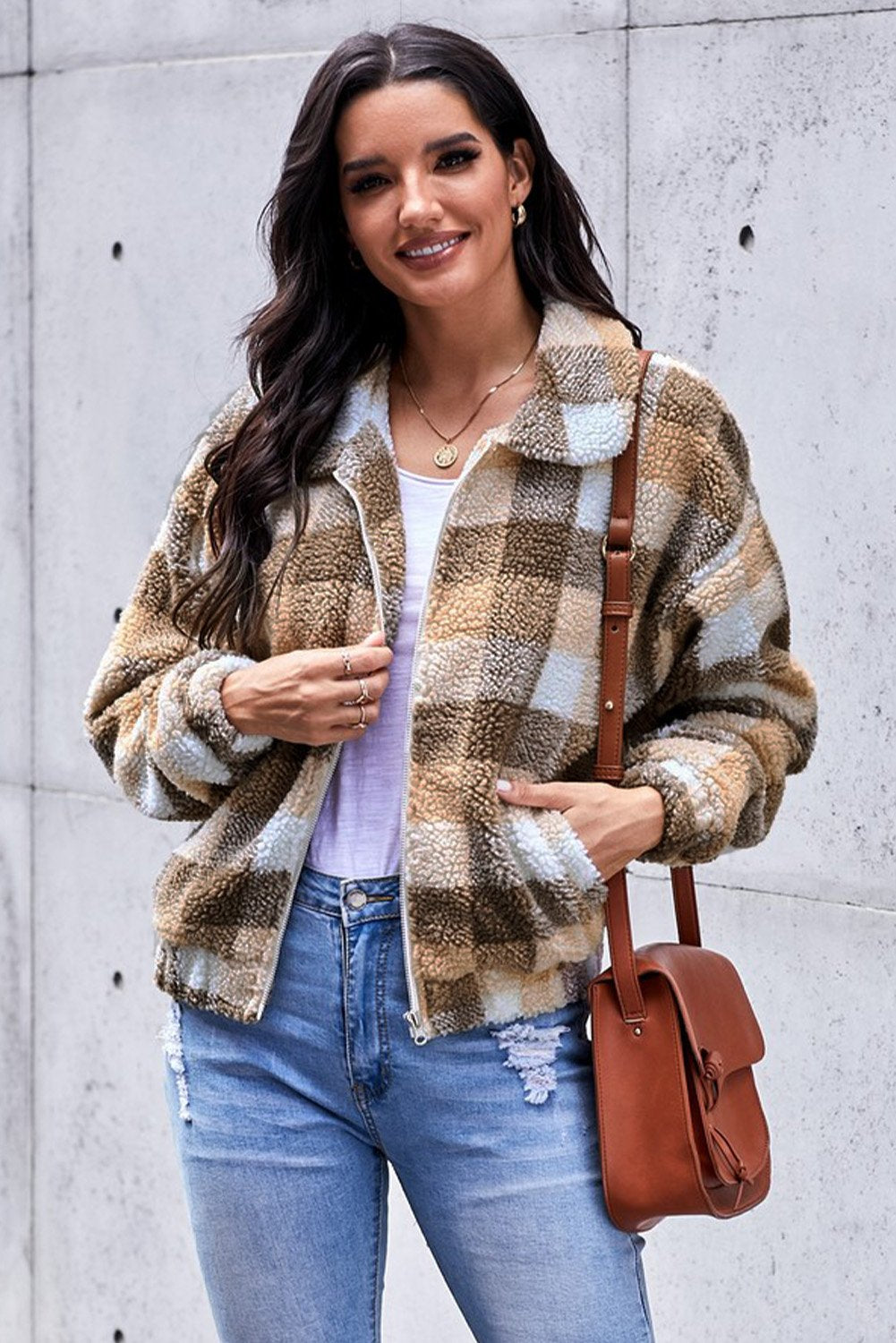Luxurious Sherpa Jacket Plaid Leopard Print