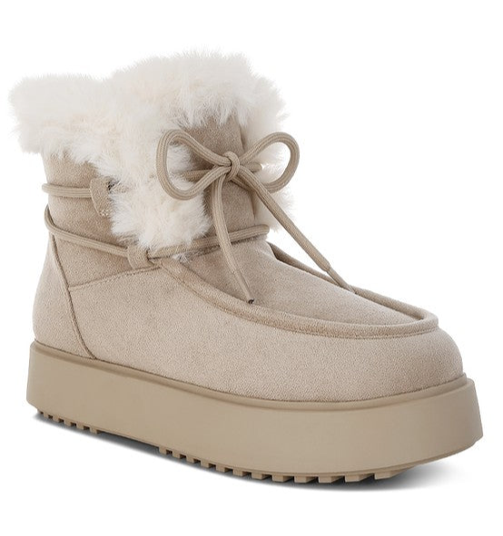Faux Fur Collar Flatform Boots With Wrap Lace