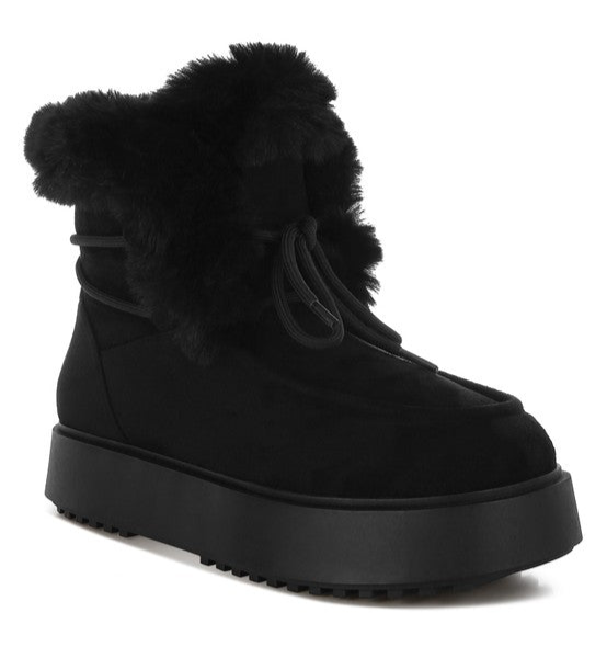 Faux Fur Collar Flatform Boots With Wrap Lace
