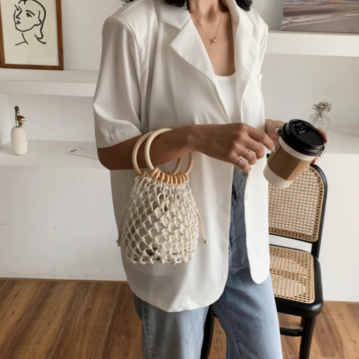 Crochet Bag With Rattan Ring Handle