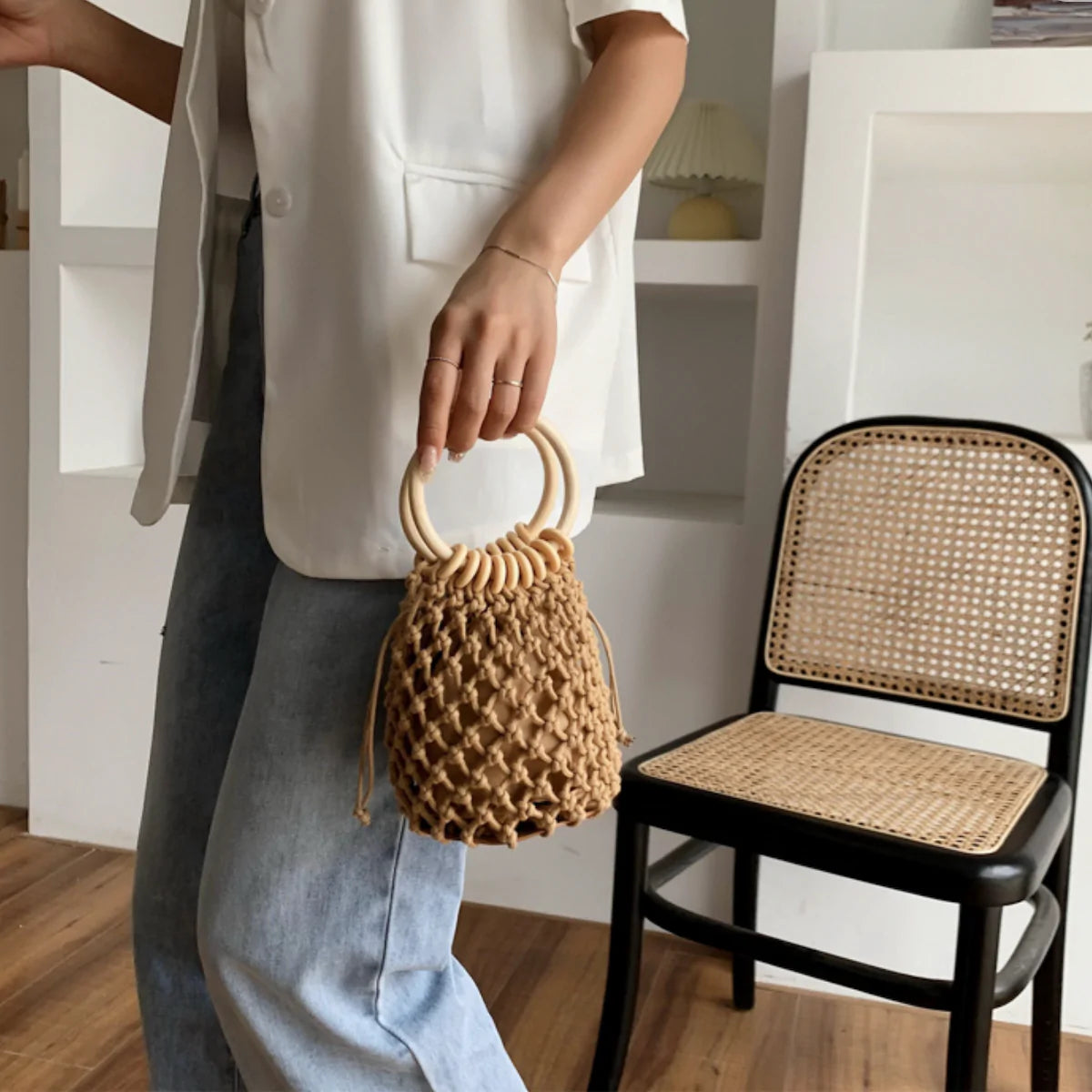 Crochet Bag With Rattan Ring Handle