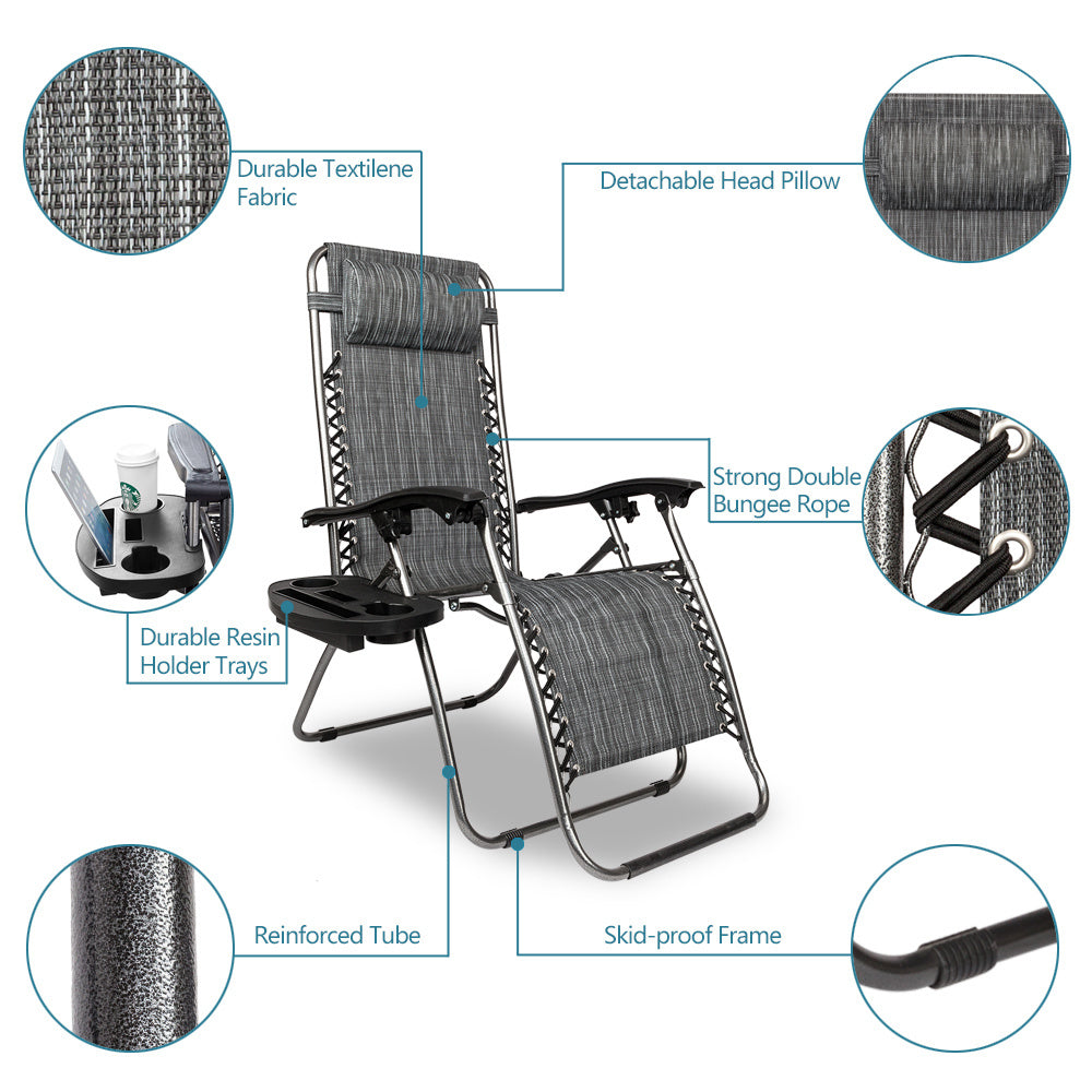 Set of 2 Adjustable Lounge Chairs With Pillow And Tray