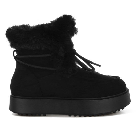 Faux Fur Collar Flatform Boots With Wrap Lace