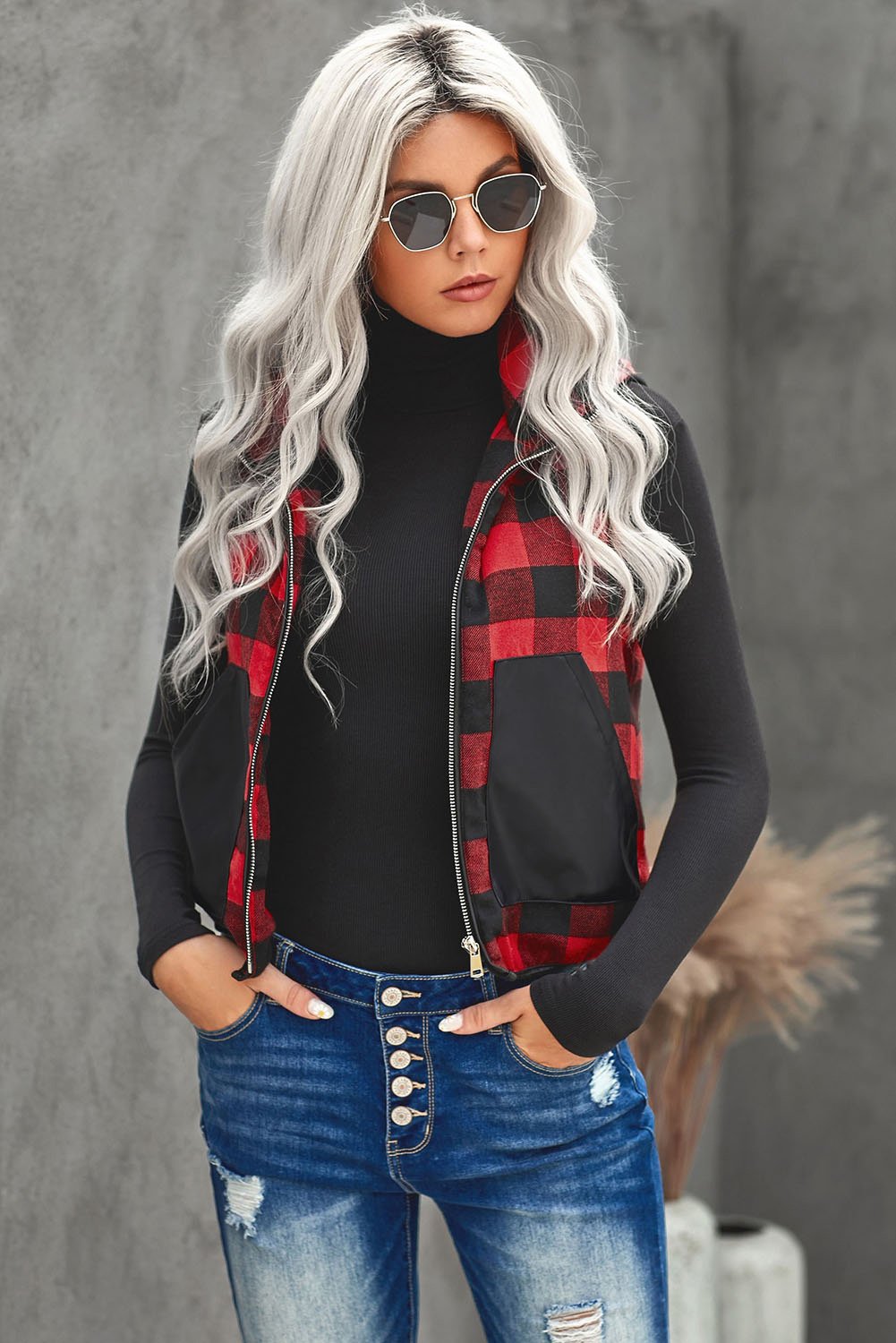 Hooded Buffalo Plaid Vest With Front Zip