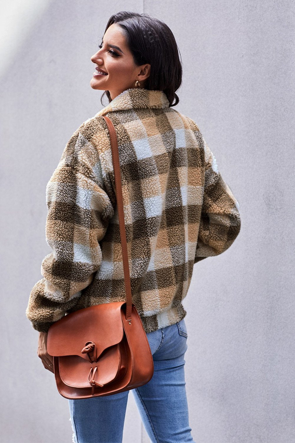 Luxurious Sherpa Jacket Plaid Leopard Print