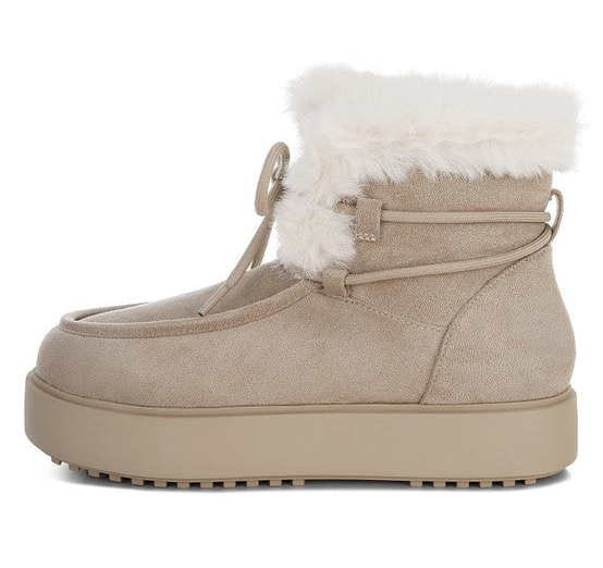 Faux Fur Collar Flatform Boots With Wrap Lace