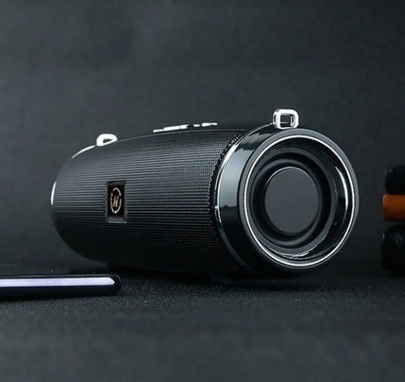 Black bluetooth speaker with chrome accents