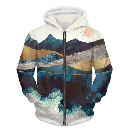 Stylish Mountain Zip Hoodie Vibrant Front & Back Print