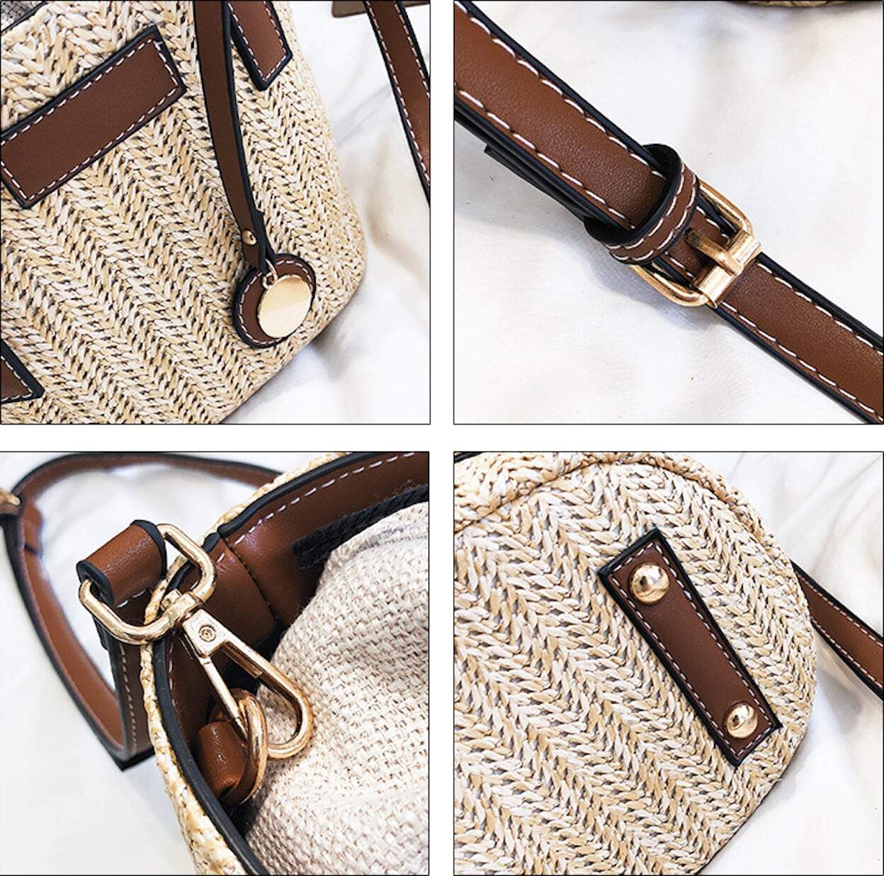 Lux Straw Bucket Bag With Vegan Leather Handle