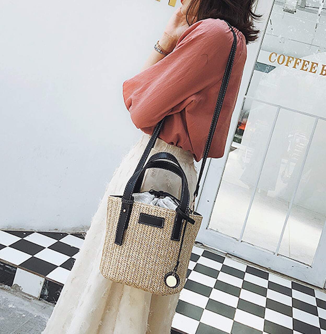 Lux Straw Bucket Bag With Vegan Leather Handle