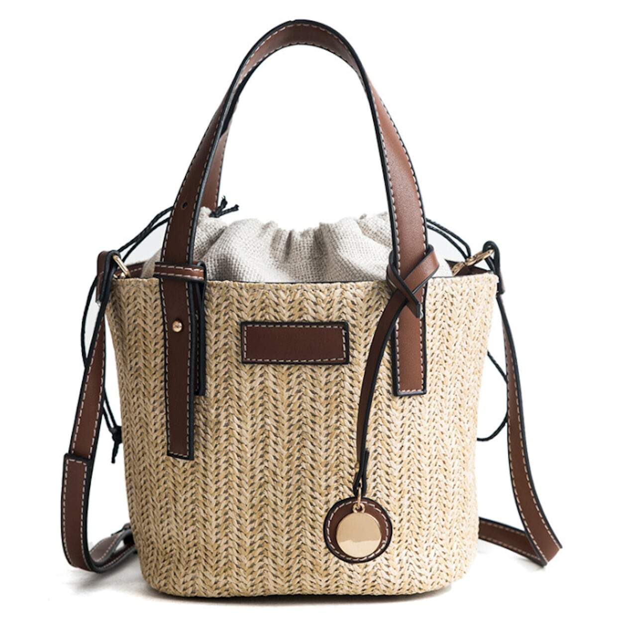Lux Straw Bucket Bag With Vegan Leather Handle